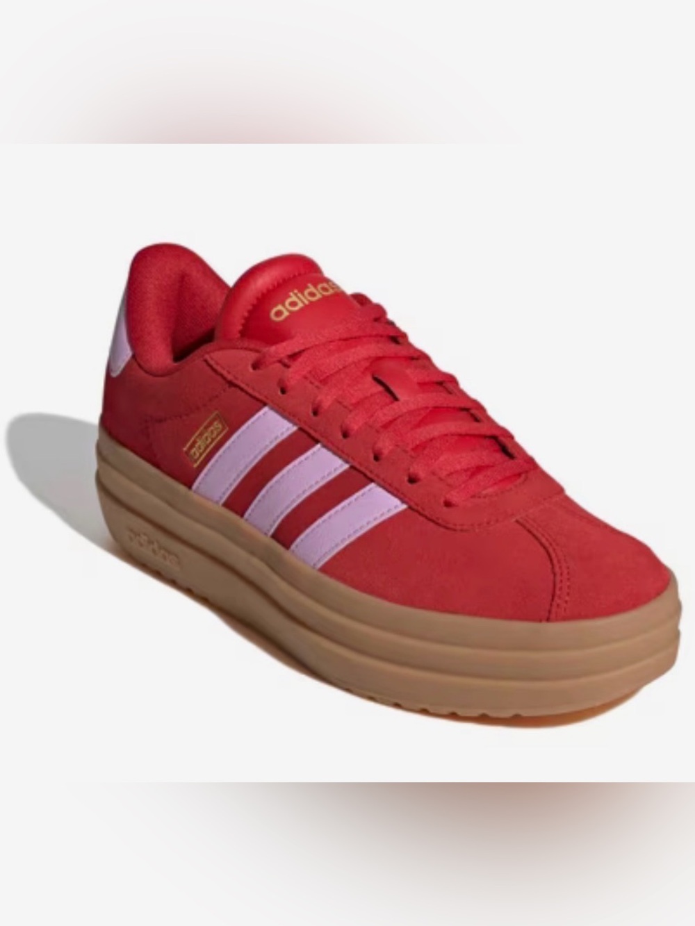 adidas Women’s Red Suede Platform Sneakers with Pink Stripes and Gum Sole